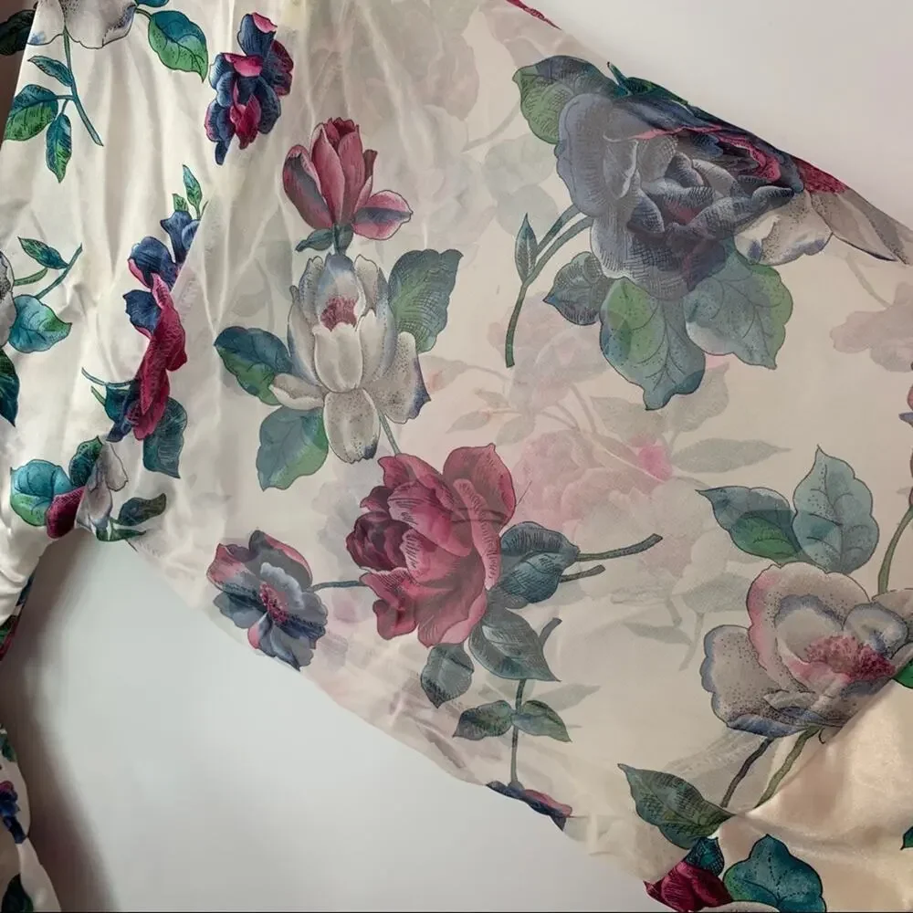 Vintage Satin Floral Robe Silky Size Large with Sheer Sleeves